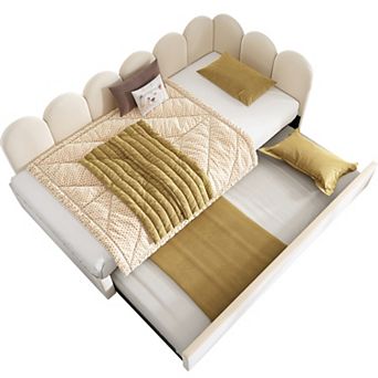 Merax Twin Size Upholstered Daybed with Pull-Out Trundle, Sofa Bed for Guest Room