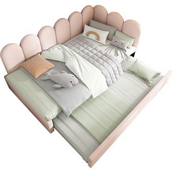 Merax Twin Size Upholstered Daybed with Pull-Out Trundle, Sofa Bed for Guest Room