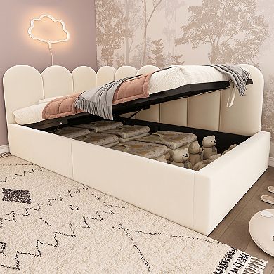 Merax Twin Size Upholstered Daybed with Hydraulic Storage, Ottoman Sofa Bed, Metal Slatted Frame