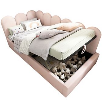 Merax Twin Size Upholstered Daybed with Hydraulic Storage, Ottoman Sofa Bed, Metal Slatted Frame