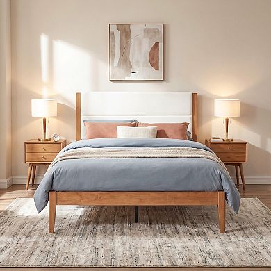 Merax Mid-Century Modern Platform Bed Frame with Upholstered Headboard & Solid Wood Slat Support