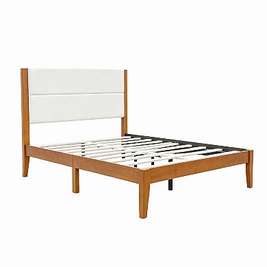 Merax Mid-Century Modern Platform Bed Frame with Upholstered Headboard & Solid Wood Slat Support