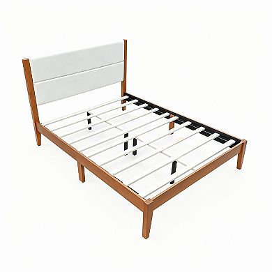Merax Mid-Century Modern Platform Bed Frame with Upholstered Headboard & Solid Wood Slat Support
