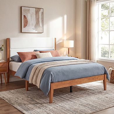 Merax Mid-Century Modern Platform Bed Frame with Upholstered Headboard & Solid Wood Slat Support