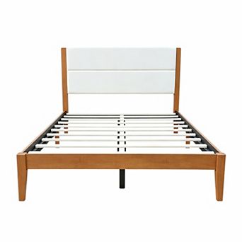 Merax Mid-Century Modern Platform Bed Frame with Upholstered Headboard & Solid Wood Slat Support