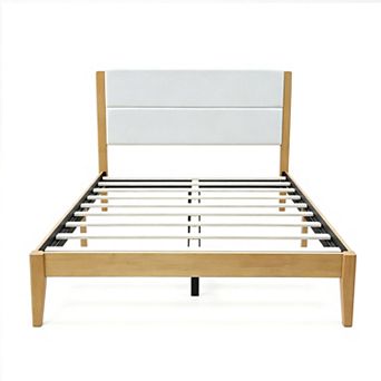 Merax Mid-Century Modern Platform Bed Frame with Upholstered Headboard & Solid Wood Slat Support