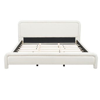 Merax Upholstered Platform Bed Curved Headboard, Modern Boucle Fabric & Wood Slats