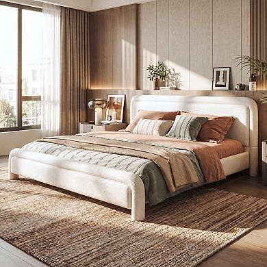 Merax Upholstered Platform Bed Curved Headboard, Modern Boucle Fabric & Wood Slats