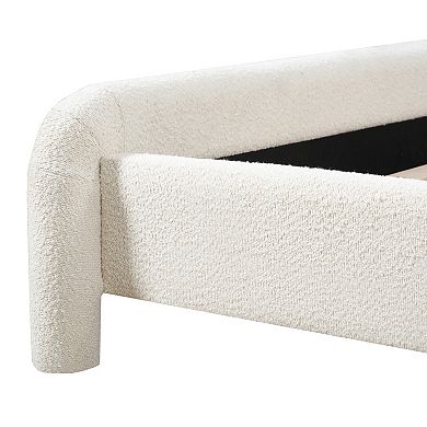 Merax Upholstered Platform Bed Curved Headboard, Modern Boucle Fabric & Wood Slats