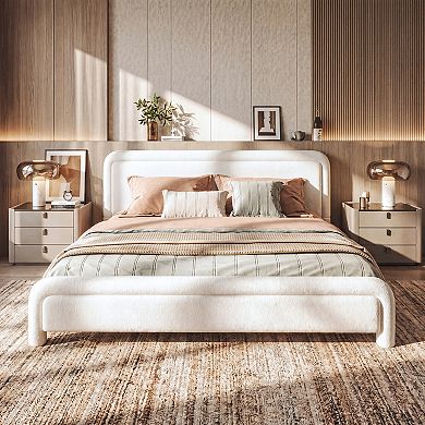 Merax Upholstered Platform Bed Curved Headboard, Modern Boucle Fabric & Wood Slats