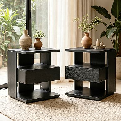 Merax Modern Floating Nightstand with Drawer & 3-Tier Shelves, C-Shape Space-Saving End Table