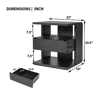 Merax Modern Floating Nightstand with Drawer & 3-Tier Shelves, C-Shape Space-Saving End Table