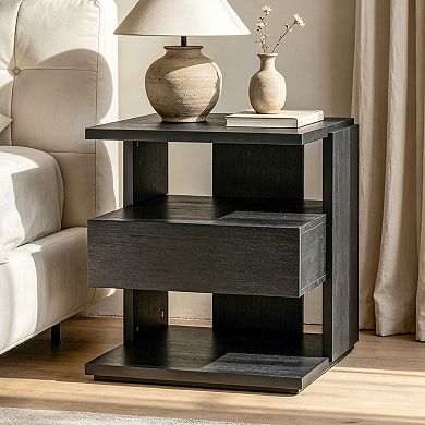 Merax Modern Floating Nightstand with Drawer & 3-Tier Shelves, C-Shape Space-Saving End Table