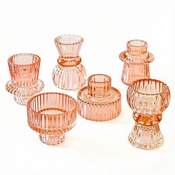 JUANWANG Set of 6 Vintage Ribbed Glass Candle Holders, Rose Gold, 3 Sizes