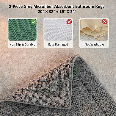 2 Piece Bathroom Rugs Set Super Soft Absorbent Non Slip Microfiber Machine Washable Bath Mat Set