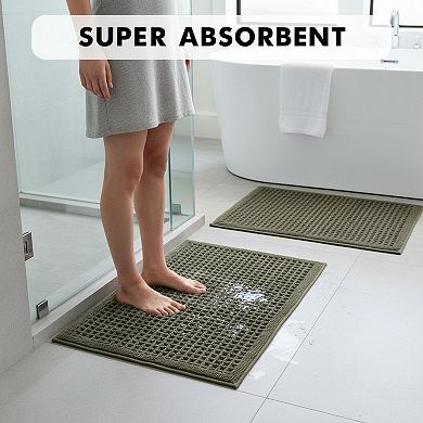 2 Waffle Bathroom Rugs: Super Absorbent Non Slip Washable Rubber Backed Shower Mats Tasseled