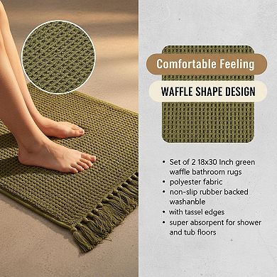 2 Waffle Bathroom Rugs: Super Absorbent Non Slip Washable Rubber Backed Shower Mats Tasseled
