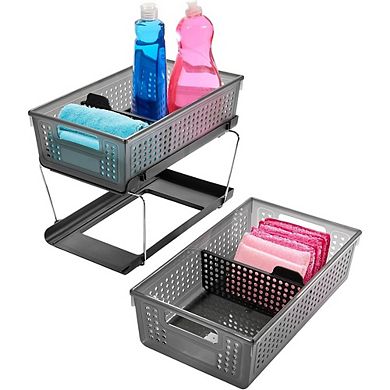 Two-Tier Under Cabinet Sliding Organizer, Storage for Bottles & Supplies