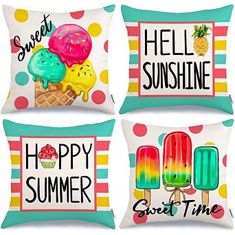 Summer Pillow Covers Set of 4, Ice Cream Popsicle Sunshine Farmhouse Decor