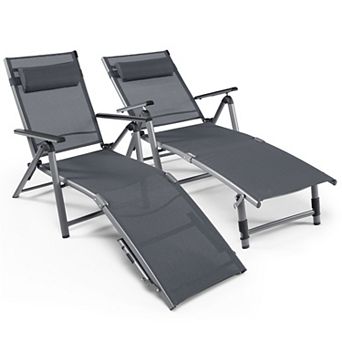 Costway Patio Folding Aluminum Lounge Chair Chaise Adjustable Back Armrest Headrest