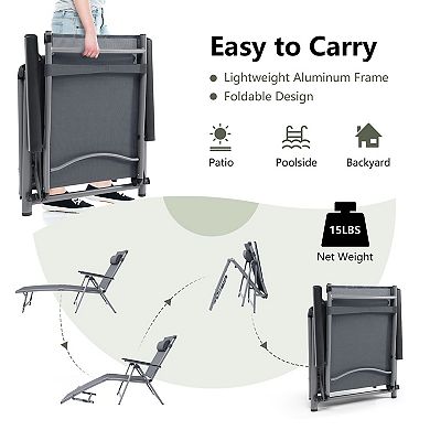 Costway Patio Folding Aluminum Lounge Chair Chaise Adjustable Back Armrest Headrest