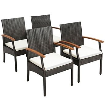 Costway Patio PE Wicker Chairs Acacia Wood Armrests with Soft Zippered Cushion Balcony