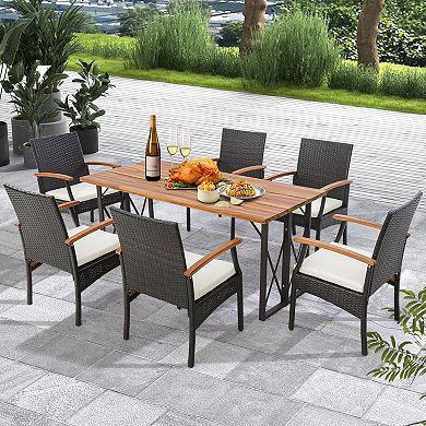 Costway Patio PE Wicker Chairs Acacia Wood Armrests with Soft Zippered Cushion Balcony