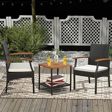 Costway Patio PE Wicker Chairs Acacia Wood Armrests with Soft Zippered Cushion Balcony