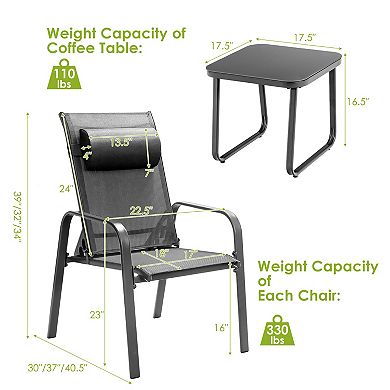 Costway 3PCS Patio Bistro Furniture Set Adjustable Back Stackable Chairs