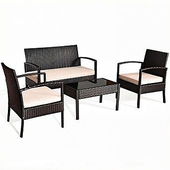 Costway Patio Rattan Conversation Furniture Set Cushioned Seat Glass Table