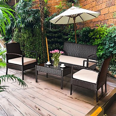 Costway Patio Rattan Conversation Furniture Set Cushioned Seat Glass Table