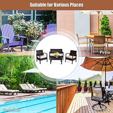 Costway Patio Rattan Conversation Furniture Set Cushioned Seat Glass Table