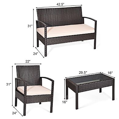 Costway Patio Rattan Conversation Furniture Set Cushioned Seat Glass Table