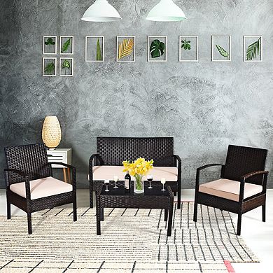 Costway Patio Rattan Conversation Furniture Set Cushioned Seat Glass Table