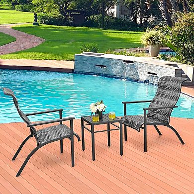 Costway 3 PCS Patio Rattan Bistro Set High Backrest Armrest SideTable