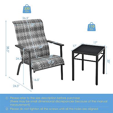 Costway 3 PCS Patio Rattan Bistro Set High Backrest Armrest SideTable