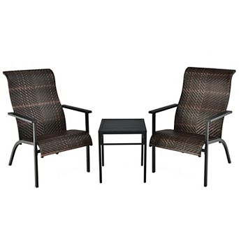 Costway 3 pc Patio Rattan Bistro Set High Backrest Armrest SideTable