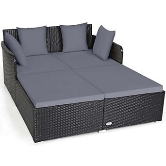 Costway Outdoor Patio Rattan Daybed Pillows Cushioned Sofa Furniture