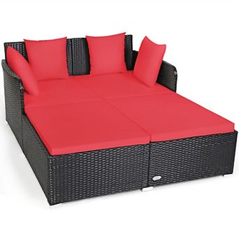 Costway Outdoor Patio Rattan Daybed Pillows Cushioned Sofa Furniture