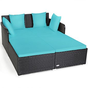 Costway Outdoor Patio Rattan Daybed Pillows Cushioned Sofa Furniture