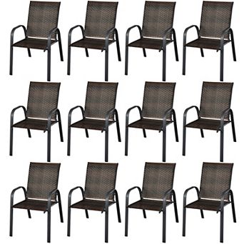 Costway Set of 12 Patio Rattan Dining Chairs Stackable Armrest Garden