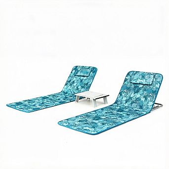 Costway 3 pc Beach Lounge Chair Mat Set 2 Adjustable Lounge Chairs with Table