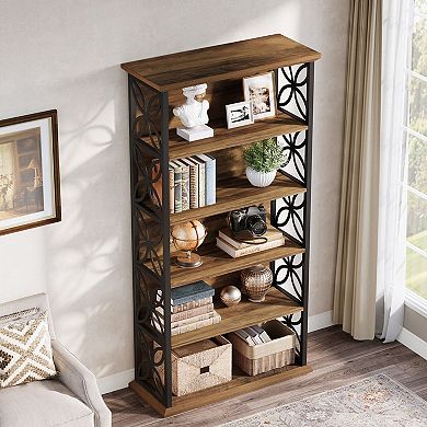 6 Tier Industrial Bookcase With Metal Frame And Open Shelves For Living Room Storage