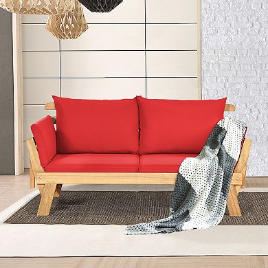 Costway Patio Convertible Sofa Daybed Solid Wood Adjustable Thick Cushion