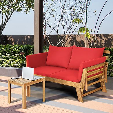 Costway Patio Convertible Sofa Daybed Solid Wood Adjustable Thick Cushion