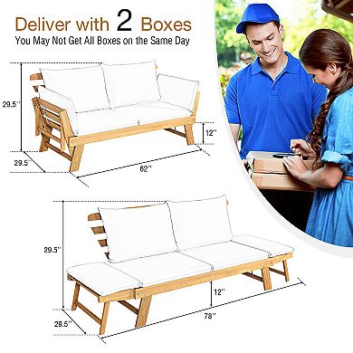 Costway Patio Convertible Sofa Daybed Solid Wood Adjustable Thick Cushion