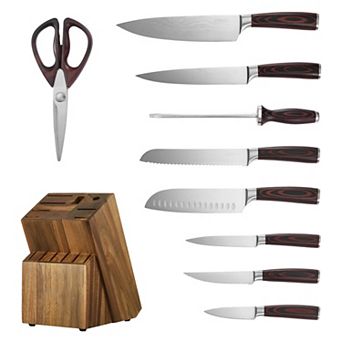 15 pc High Carbon Stainless Steel Knife Set with Block and Sharpener Ergonomic Handle