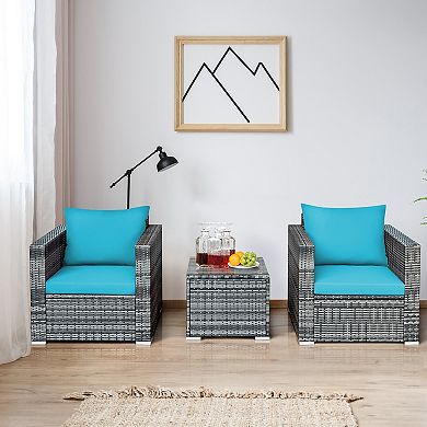 Costway 3 PC Patio Rattan Furniture Bistro Set Cushioned Sofa Chair Table