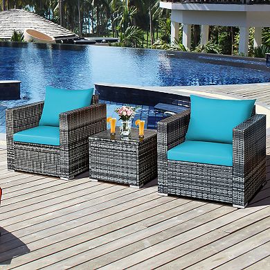 Costway 3 PC Patio Rattan Furniture Bistro Set Cushioned Sofa Chair Table
