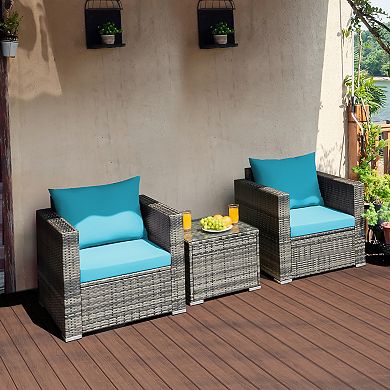 Costway 3 PC Patio Rattan Furniture Bistro Set Cushioned Sofa Chair Table